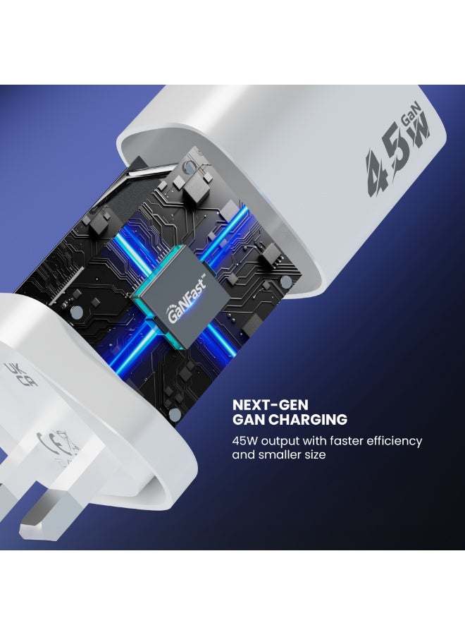 اكساستون شاحن حائط بتقنية GaN مع شحن سريع بقدرة 45 واط، ومخرج USB-C بتقنية Power Delivery PD، ومنفذ USB-A إضافي، وتصميم صغير الحجم مناسب للسفر، وشحن آمن، ومتوافق مع الهواتف الذكية والأجهزة اللوحية وأجهزة USB-C / USB-A (NA30G) - Image 3